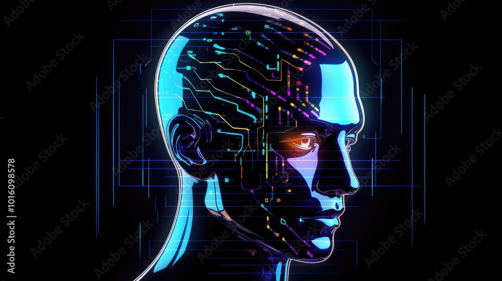 Poster digital human bot on binary code background illustration