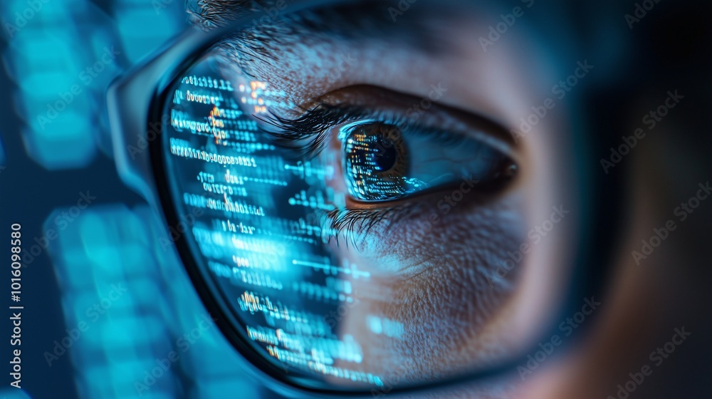 Wall mural close-up of an eye reflecting computer code, symbolizing technology and data analysis