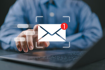 Businessman sending email by laptop computer to customer, business contact and communication, email...