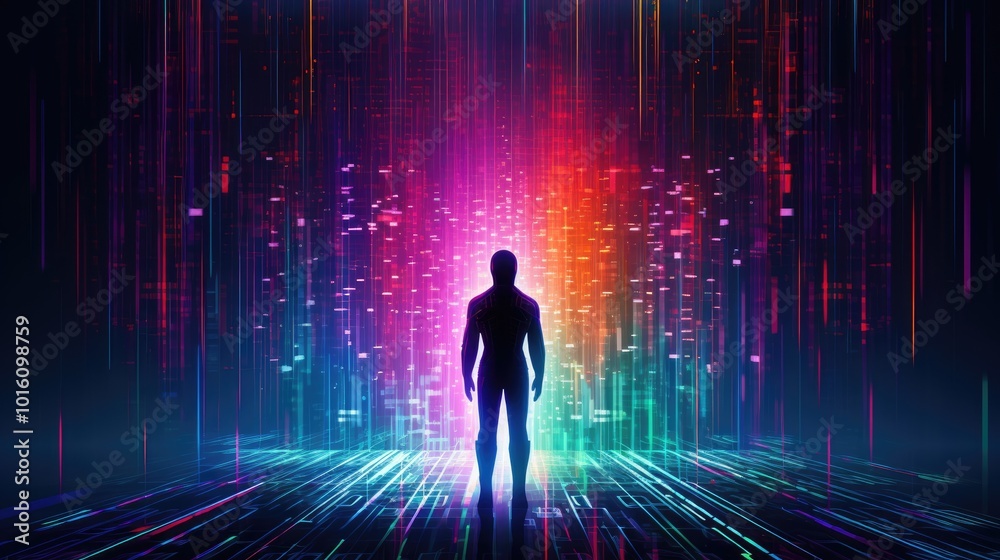 Poster digital human bot on colorful binary code background illustration