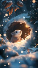 Obraz premium A small animal gazes up from its burrow as snowflakes gently fall around it in winter