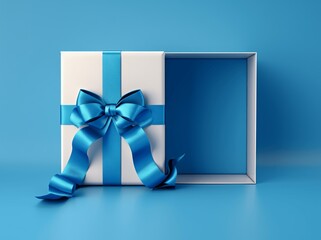 Open white gift box with blue ribbon on blue background minimalist 3D render flat lay with text space high resolution