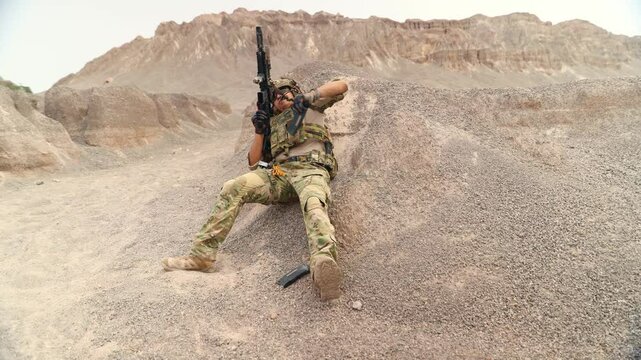 Action soldiers carry sniper rifles to fight protect maintain peace and independence along international borders prevent invasion and terrorism : Infantry carefully patrolling the war zone.