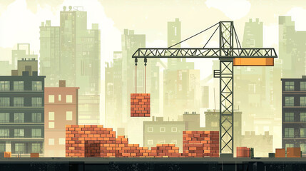 Obraz premium Building city skyline, crane lifts bricks amidst urban structures, showcasing construction activity and development. scene captures essence of progress and industry
