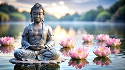 Obraz premium A serene image of a Buddha statue in a meditative pose, surrounded by floating lotus flowers on a calm water surface, set against a dreamy, cloudy background.