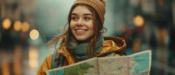 A woman looking at a map, her face filled with excitement for the journey ahead, ready to explore new places