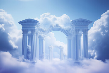 In the sky, white clouds form an arch with Greek columns on both sides. The background is a blend of blue and light gray, creating a heavenly, dreamy, and mysterious atmosphere. 3d rendering.
