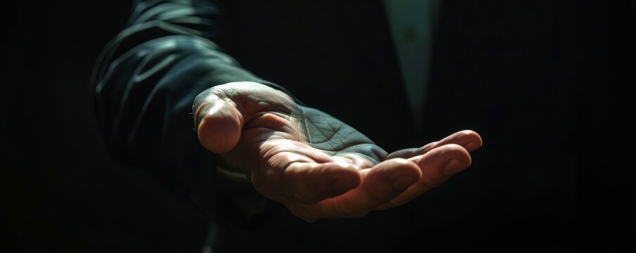 Hand reaching out from shadows offering a bribe, highlighting hidden corruption in business