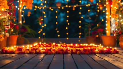 Traditional Indian toran hanging garland laid out on a wooden deck, with a backdrop of a brightly lit veranda adorned with fairy lights and diyas. Copy space, happy Diwali background, traditional