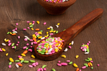 Sugar coated colorful candy wrapped around fennel seeds. Saunf Goli. Mouth Freshner Mix. Indian Mukwas or Mukhvas.