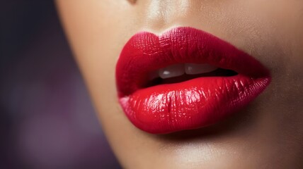 Macro image of woman's lips with red lipstick.