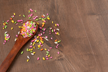 Sugar coated colorful candy wrapped around fennel seeds. Saunf Goli. Mouth Freshner Mix. Indian Mukwas or Mukhvas.