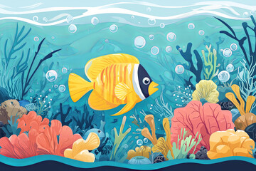 Bright and colorful coral reef scene featuring vibrant yellow fish swimming among various corals and bubbles in clear blue ocean. underwater landscape is rich with marine life and textures