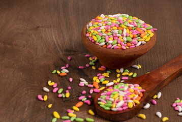 Sugar coated colorful candy wrapped around fennel seeds. Saunf Goli. Mouth Freshner Mix. Indian Mukwas or Mukhvas.