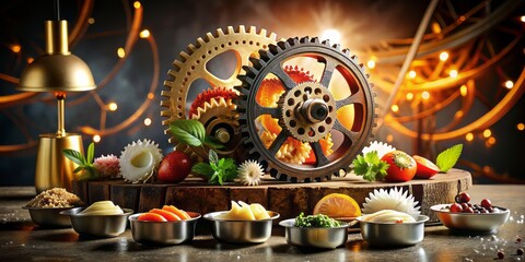 Naklejka premium Engineering Cuisine: Giant Timing Gears Styled Food Photography for Creative Culinary Concepts