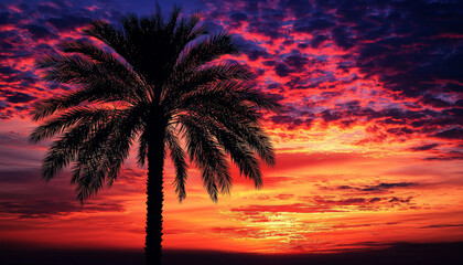 Obraz premium A vibrant sunset silhouette of a palm tree against a colorful sky, evoking a sense of tranquility and natural beauty.