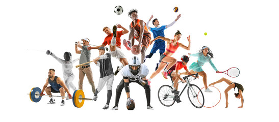 Vibrant energetic collage. Diverse lineup of athletes in various sports, all leaping into action...