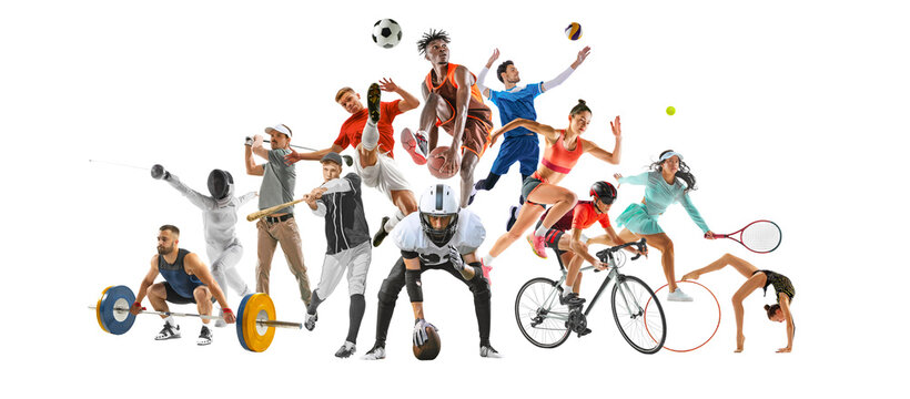 Vibrant energetic collage. Diverse lineup of athletes in various sports, all leaping into action against white background. Concept of different kinds of sports, championship, league. Ad - Powered by Adobe
