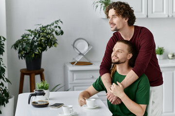 A couple shares a tender moment while enjoying coffee together.