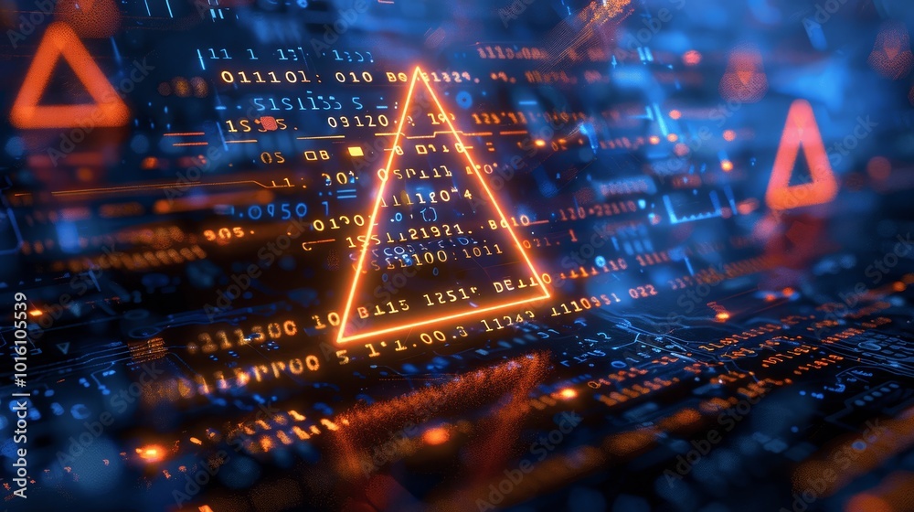 Aufkleber 3D Rendering of Digital Code Background with Orange Triangle Warning Sign, Security Data Protection, Cyber Attack, Bright Light on Dark Blue Background