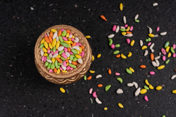 Sugar coated colorful candy wrapped around fennel seeds. Saunf Goli. Mouth Freshner Mix. Indian Mukwas or Mukhvas.