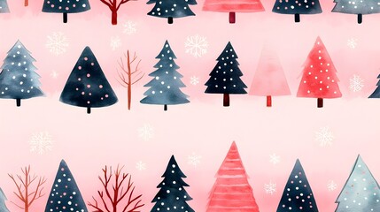 Soft watercolor depiction of Christmas trees adorned with gentle snowflakes, evoking a serene winter wonderland atmosphere.