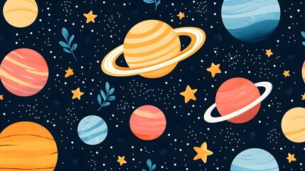 Naklejka premium Cosmic Harmony, a vibrant seamless pattern featuring planets and stars, ideal for textiles, wallpapers, and cosmic-themed designs.