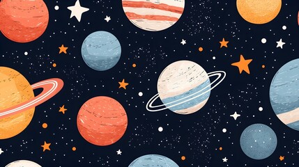 Naklejka premium Cosmic Harmony, a seamless design featuring vibrant planets and twinkling stars, perfect for textiles or digital backgrounds.
