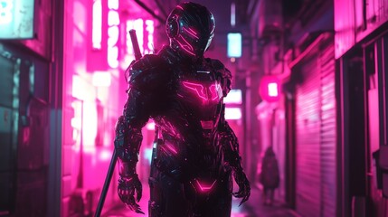 Futuristic samurai warrior stands boldly in a vibrant neon-lit alley at night, showcasing a blend of ancient armor and modern technology