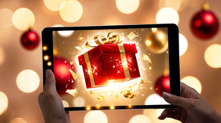 Hands holding tablet with glowing Christmas gift box with ribbons on festive theme background. Christmas online shopping, ordering gifts in online store