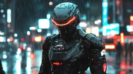 A futuristic soldier patrols a neon-lit alleyway, showcasing advanced technology in a vibrant urban setting at night
