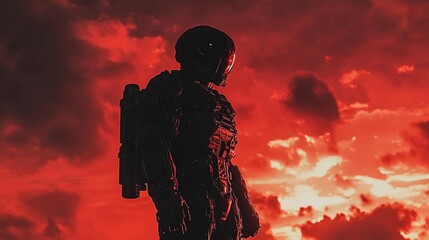 Fototapeta premium A futuristic soldier stands against a blood-red sunset overlooking a desolate terrain filled with eerie structures and shadows