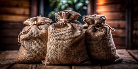 Obraz premium Rustic burlap bags stacked together, perfect for enhancing your decor or crafting unique projects. Ideal for home styling or creative DIY endeavors.