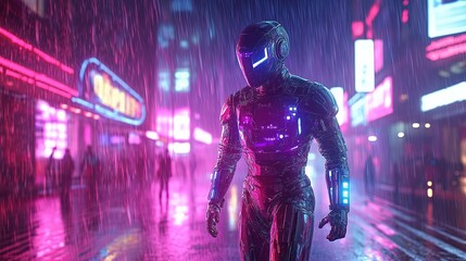 A futuristic figure walks through a vibrant, rainy city at night, illuminated by neon lights and billboards