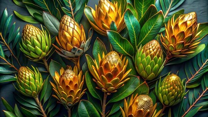 Fototapeta premium Shiny Green and Golden Dry Protea Leaves Collection for Stunning Flatlays and Digital Design Elements