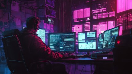 A programmer analyzes data with multiple monitors in a high-tech control room during nighttime hours