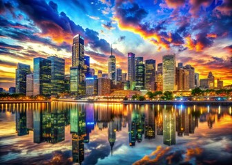 Fototapeta premium Stunning Evening City Skyline with HDR Embankment View for Urban Landscape Illustration