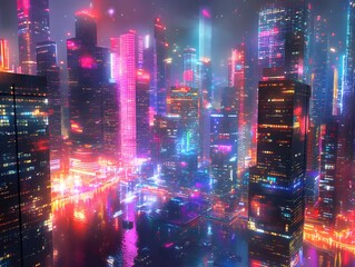 Fototapeta premium Vibrant cityscape illuminated by colorful lights at night.