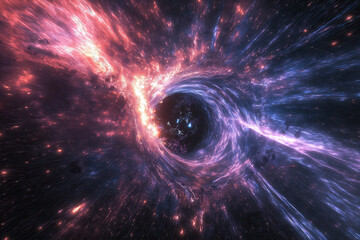 astronomic image of a wormhole, black hole in space, time travel, supermassive, colorful nebula around, light speed portal, photorealistic