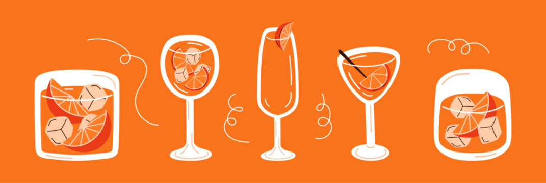 Set of hand drawn cocktails with oranges. Colourful cartoon drinks in different types of glasses. Vector illustration of citrus drinks.