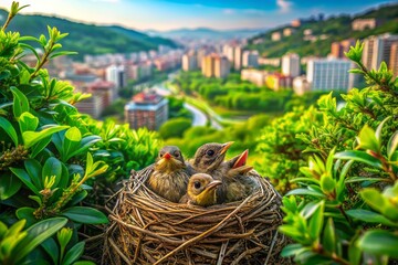 Obraz premium Urban gardens shelter baby birds, creating vibrant homes among shrubs. These cozy nests nurture young life, bringing nature's beauty close to city