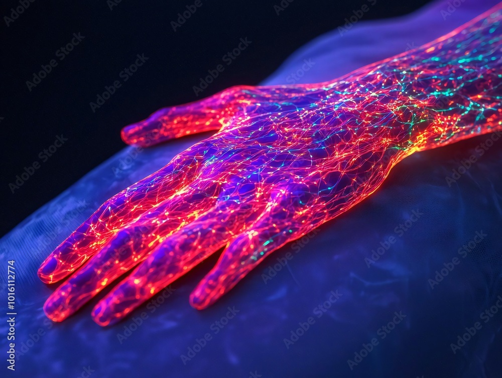 Poster a vibrant hand illuminated with colorful light patterns, creating a mesmerizing visual effect on ski