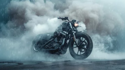 A black custom bobber motorcycle performs a burnout on a dark, smoky surface, creating an intense atmosphere like from an action movie.
