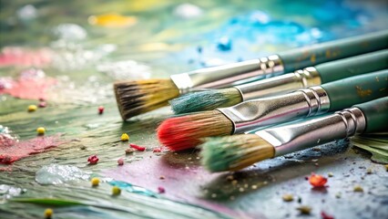 Fototapeta premium Vibrant artist brushes and paints are arranged in an abstract space, igniting creativity and inspiration through colorful chaos and expressive