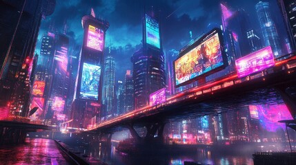 Futuristic urban alleyway illuminated by vibrant neon lights in a bustling cityscape at night