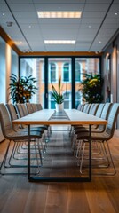 Fototapeta premium A modern conference room with a sleek, minimalist design; wooden table, grey-white chairs, potted plants, ample natural light, serene ambiance for focus and productivity.