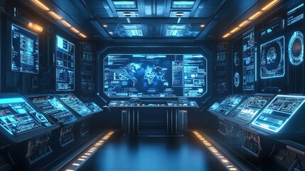 Futuristic control room with advanced technology and holographic displays in a sleek, modern design