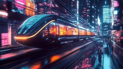 Fototapeta premium Futuristic train glides through vibrant neon-lit cityscape at night, showcasing urban innovation and dynamic energy