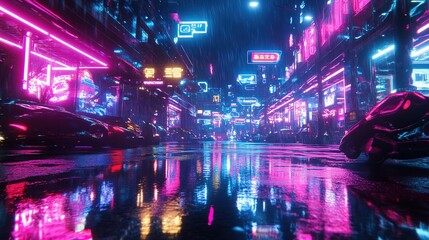 A figure walks through a neon-lit cityscape in the rain during a vibrant, futuristic night scene