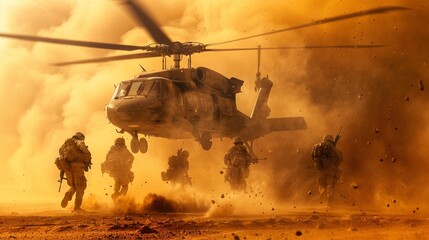 Desert landscape with flying helicopter, soldiers in combat gear walking forward. Dynamic scene of military action in a dusty environment.